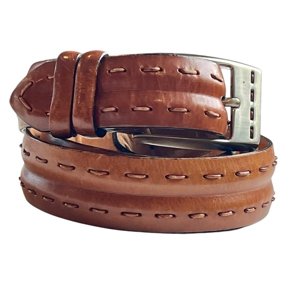 Vintage Brown Leather Belt Solid Brass Silver Buass Silver Buckle Unisex Classic - Picture 1 of 8
